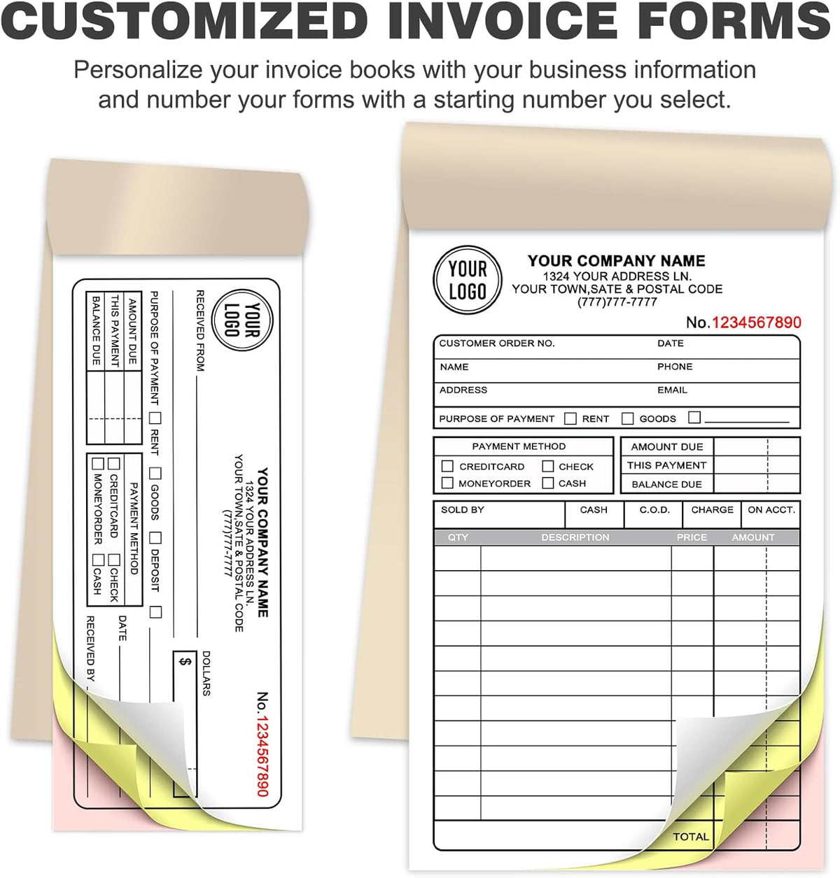 Custom Invoice Receipt Book for Small Business 5.5x8.5" Personalized 2-Part Contractor Duplicate Carbonless Sales Forms with Company Name Address Phone Number 100 Sets