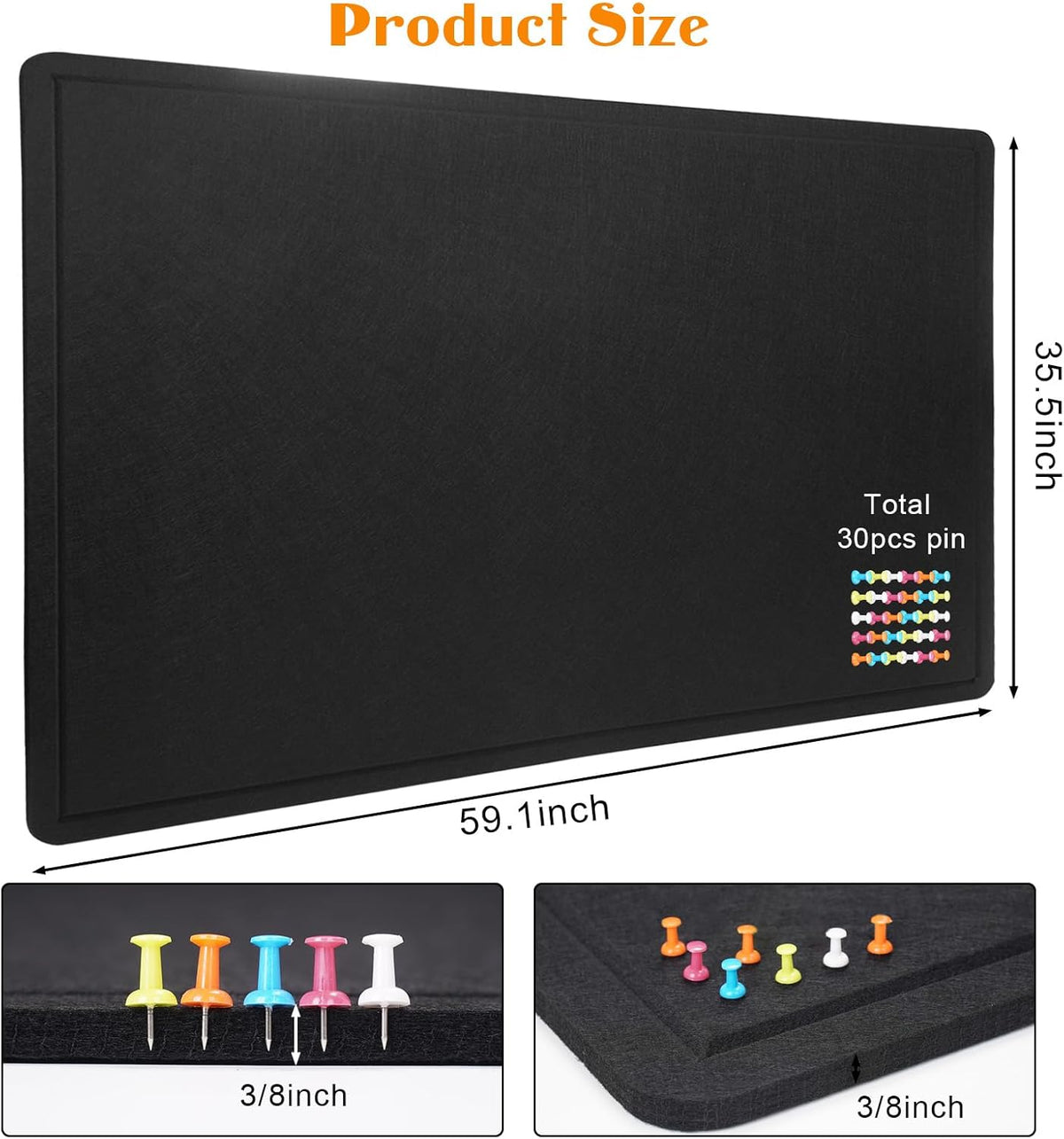 Large Bulletin Board - 60 X 36 inches Cork Board with 30 Pushpin, 5' x 3' Cork Board for Walls Pin Board, Self-Adhesive Felt Board Vision Board Foldable Photo Board for Wall - Black
