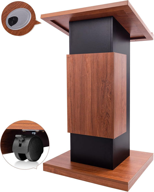 47”H Wooden Podium Stand with Lockable Wheels, Portable Lectern for Churches, Schools, Offices, and Conferences, Durable 15MM Particle Board Pulpit with Storage Shelves and Mic Slot