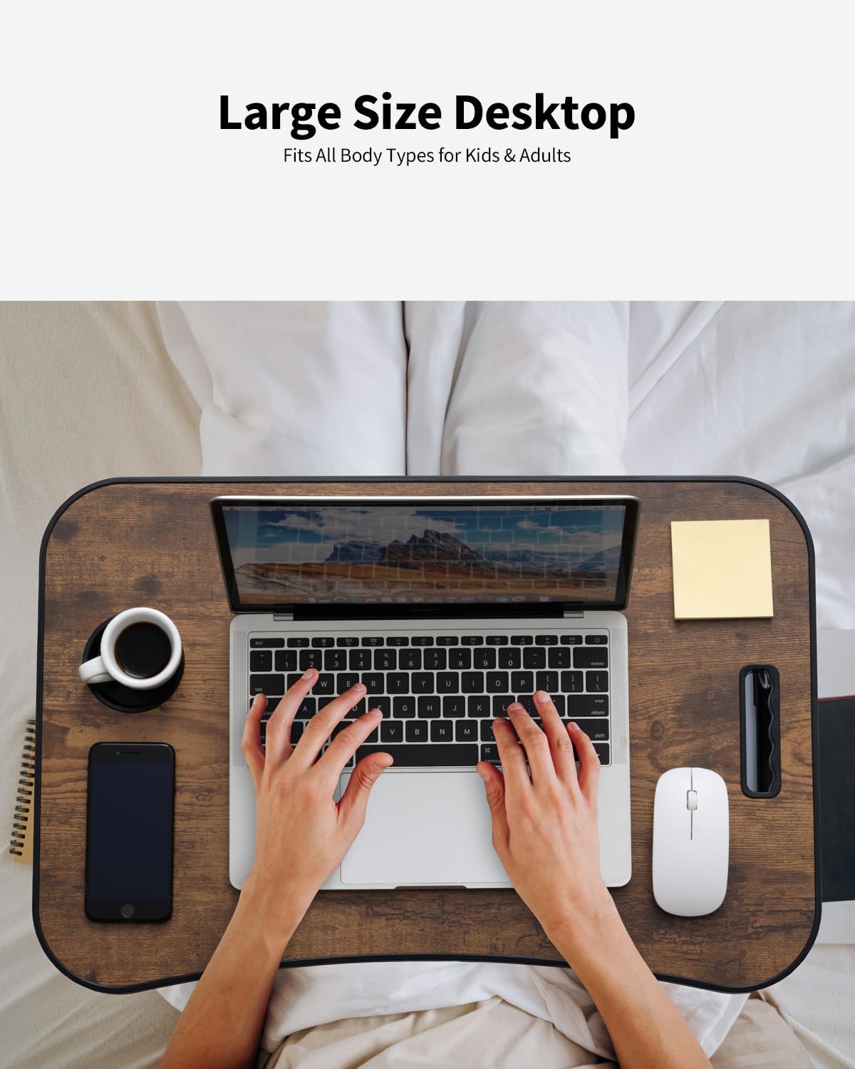 Foldable Lap Desk, Laptop Bed Desk, Portable Lap Table, Laptop Bed Table with Cup Holder & Tablet Slot & Lifting Handle for Working Writing Drawing & Eating - Rustic Brown