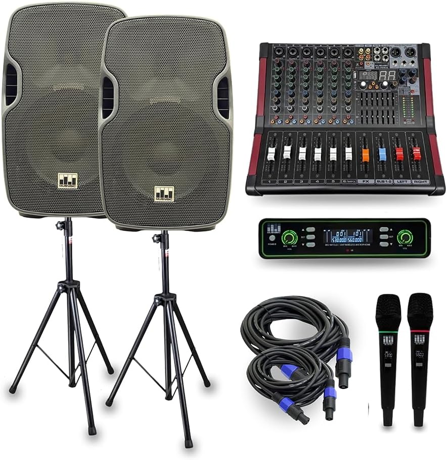 MUSYSIC Portable PA System with Wireless Microphone and Speakers – 6 Ch Audio Mixer with Built-in 2000W Amp & Wireless UHF Microphone System, Multiple Inputs, Complete w/Stands - 15" Speaker 1200W