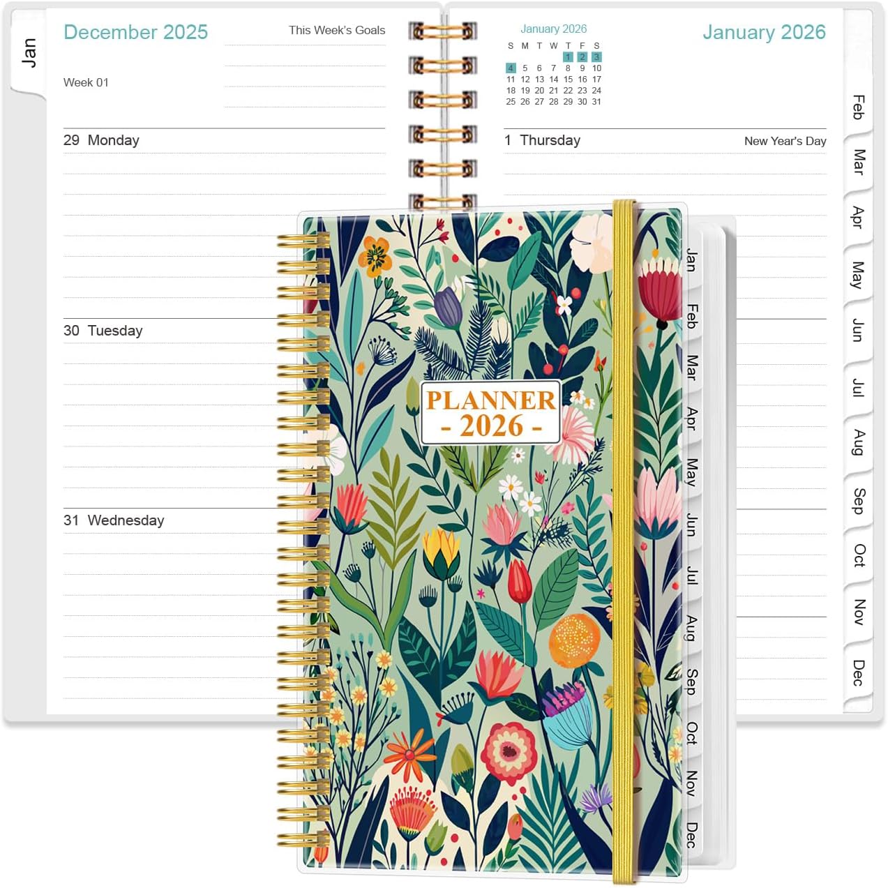2026 Pocket Planner/Calendar - 2026 Planner from January 2026 - December 2026, Planner 2026 with 12 Tabs, Twin-Wire Binding, Inner Pocket, 3.75" x 6.75", Flower-C