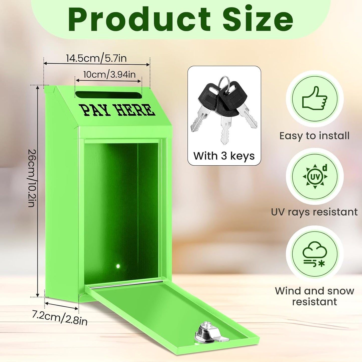 Safe Cash Box Money Collection Metal Donation Box with Lock Wall Mount Pre Drilled Mailbox Delivery Ballot for Home Office Outdoor Self Serve Stand (Grass Green,10.2 x 5.7 x 2.8 Inch)