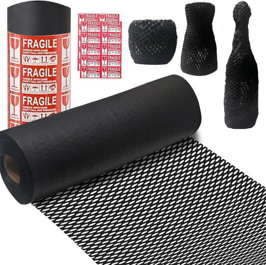 Honeycomb Packing Paper Black, 15"x230' Eco Friendly Packing Materials for Shipping Breakable Recyclable Moving Supplies Paper Bubble Wrap Sheets Roll with 20 Fragile Sticker Labels