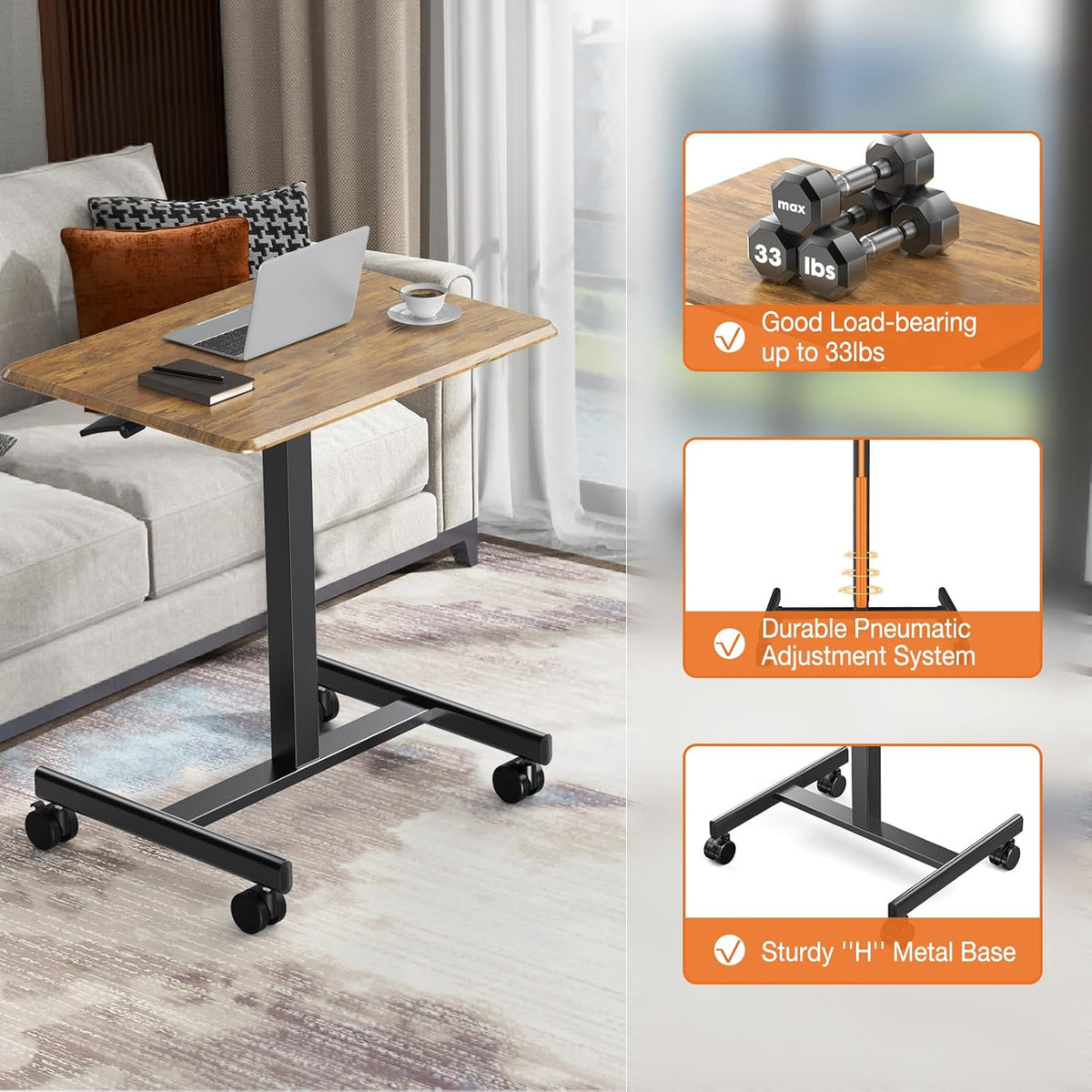 Sweetcrispy Small Mobile Standing Desk, Rolling Laptop Computer Carts, Portable Laptop Desk with Wheels, Adjustable Height Table for Home Office, Rust Brown