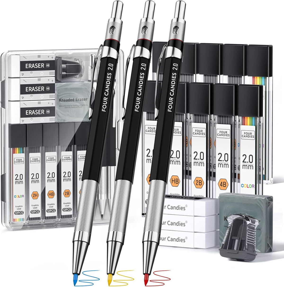 Four Candies 19PCS 2MM Mechanical Drawing Pencils with Case, Metal Art Lead Pencil with 120 Graphite Lead Refills (HB 2H 2B 4B Color), Kneaded Eraser, Sharpener, for Drafting, Drawing, Sketching
