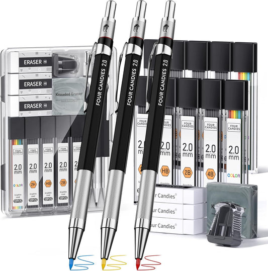 Four Candies 19PCS 2MM Mechanical Drawing Pencils with Case, Metal Art Lead Pencil with 120 Graphite Lead Refills (HB 2H 2B 4B Color), Kneaded Eraser, Sharpener, for Drafting, Drawing, Sketching