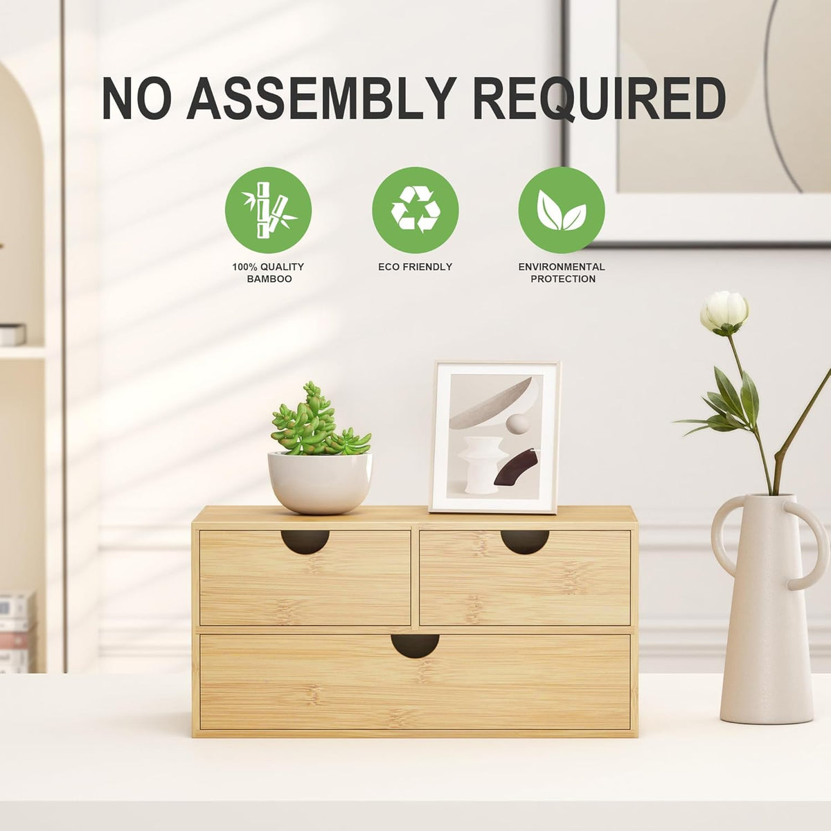 Bamboo Desk Organizer with Drawers - Small Desktop Countertop Mini Tabletop Storage Container - No Assembly Required