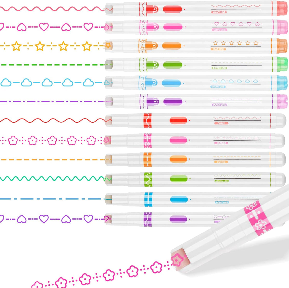 NiArt Roller Markers 12-Pack Curve Line Highlighter Pens with Scroll Wheel, 8 Curve Pattern Shapes and 8 Assorted Colors for Scrapbooking, Note Taking, DIY Art, Office and School Use