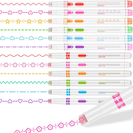 NiArt Roller Markers 12-Pack Curve Line Highlighter Pens with Scroll Wheel, 8 Curve Pattern Shapes and 8 Assorted Colors for Scrapbooking, Note Taking, DIY Art, Office and School Use