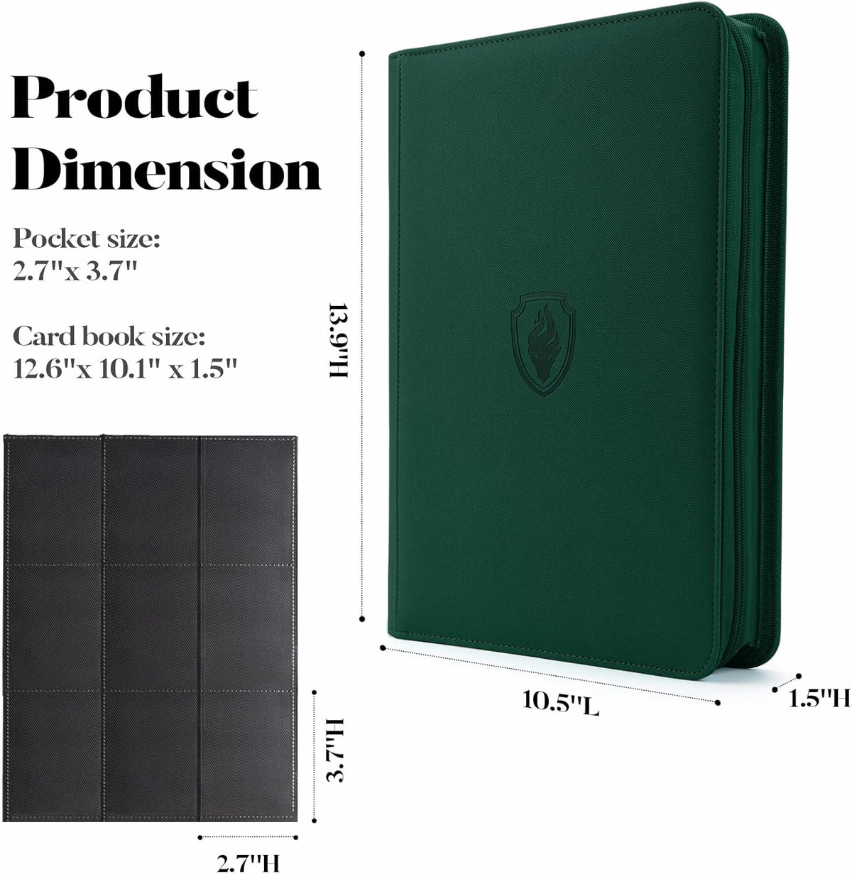 9 Pocket Zipper Card Binder, Fabmaker 360 Trading Card Holder Book, Premium PU Cover Zip Binder for Cards, Durable Side Loading Card Folders Album for MTG, TCG, Game Cards, Sports Cards, Dark Green