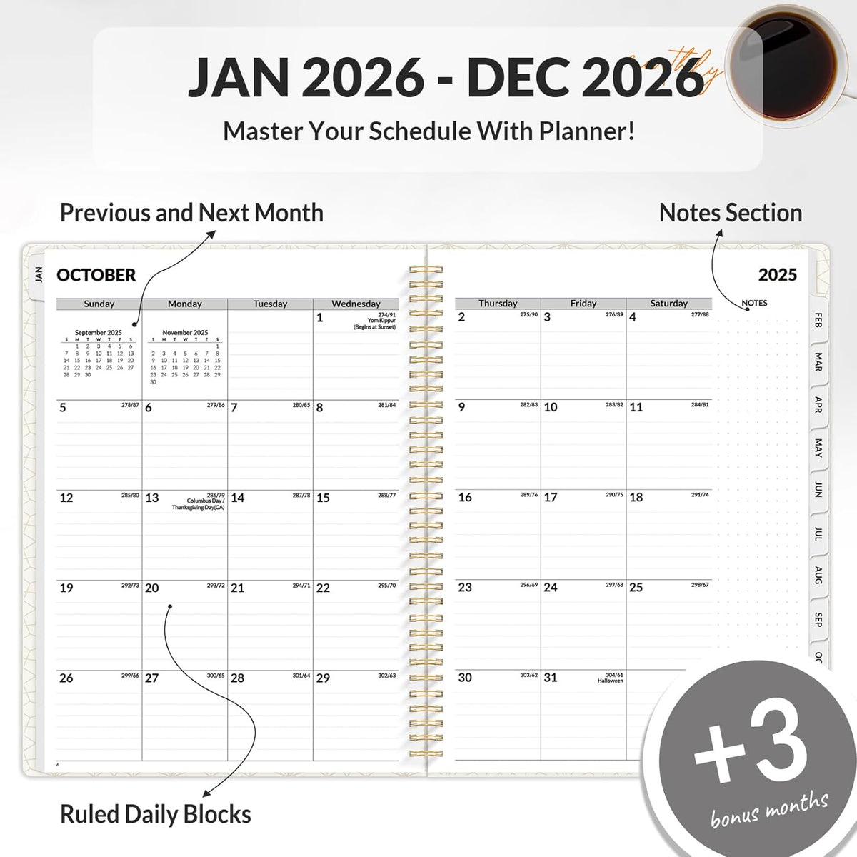 SUNEE Planner 2026 Weekly and Monthly, January 2026-December 2026, 6.4"x8.3", Tabs, Note Pages,Spiral Binding, Sage Green