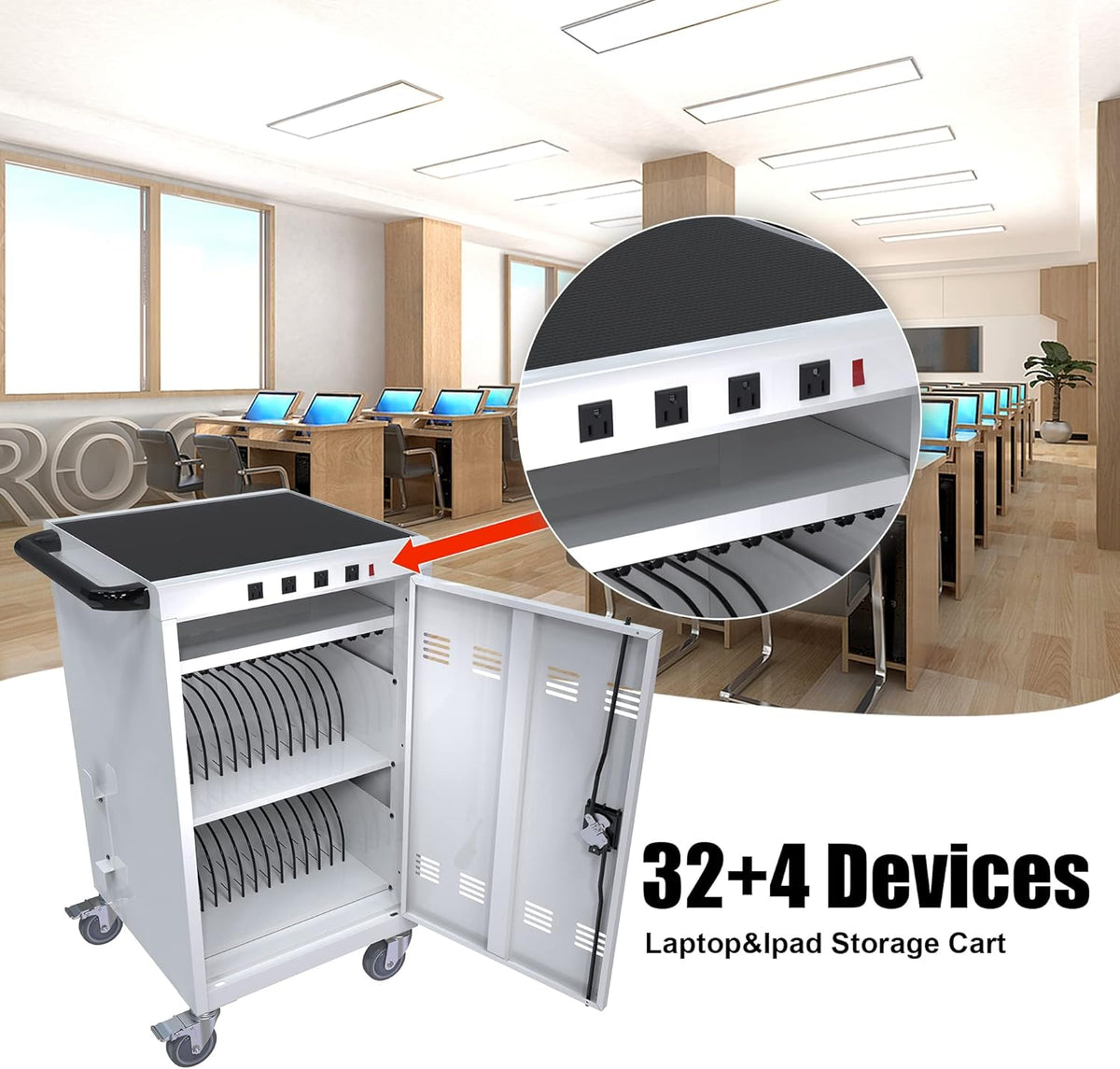 36 Device Charging Cart, Laptop and Tablet Storage Cart, Holds Up to 16.3" with Cord Management, Front and Rear Door Locks, Classroom or Office Charging Cabinet.White with 4 Position Power Strip