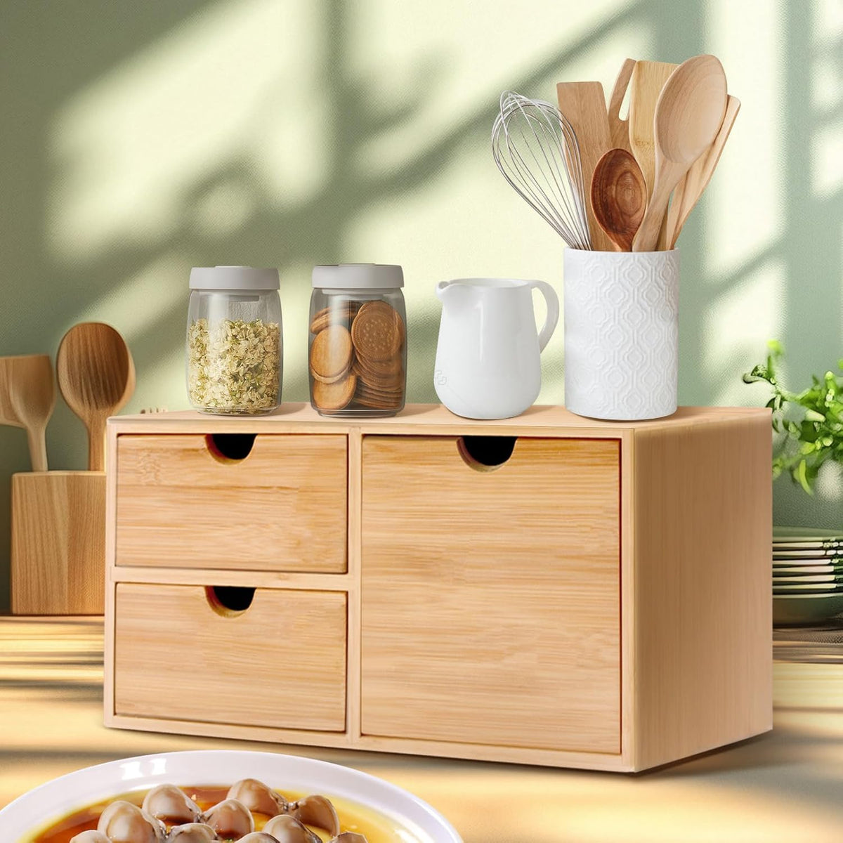 Bamboo Desk Organizer 3 Drawer with Shelf, Countertop Organizer with Drawers Makeup Storage Drawer 3 Drawers Tabletop Storage Organization Box Home Office Workspace