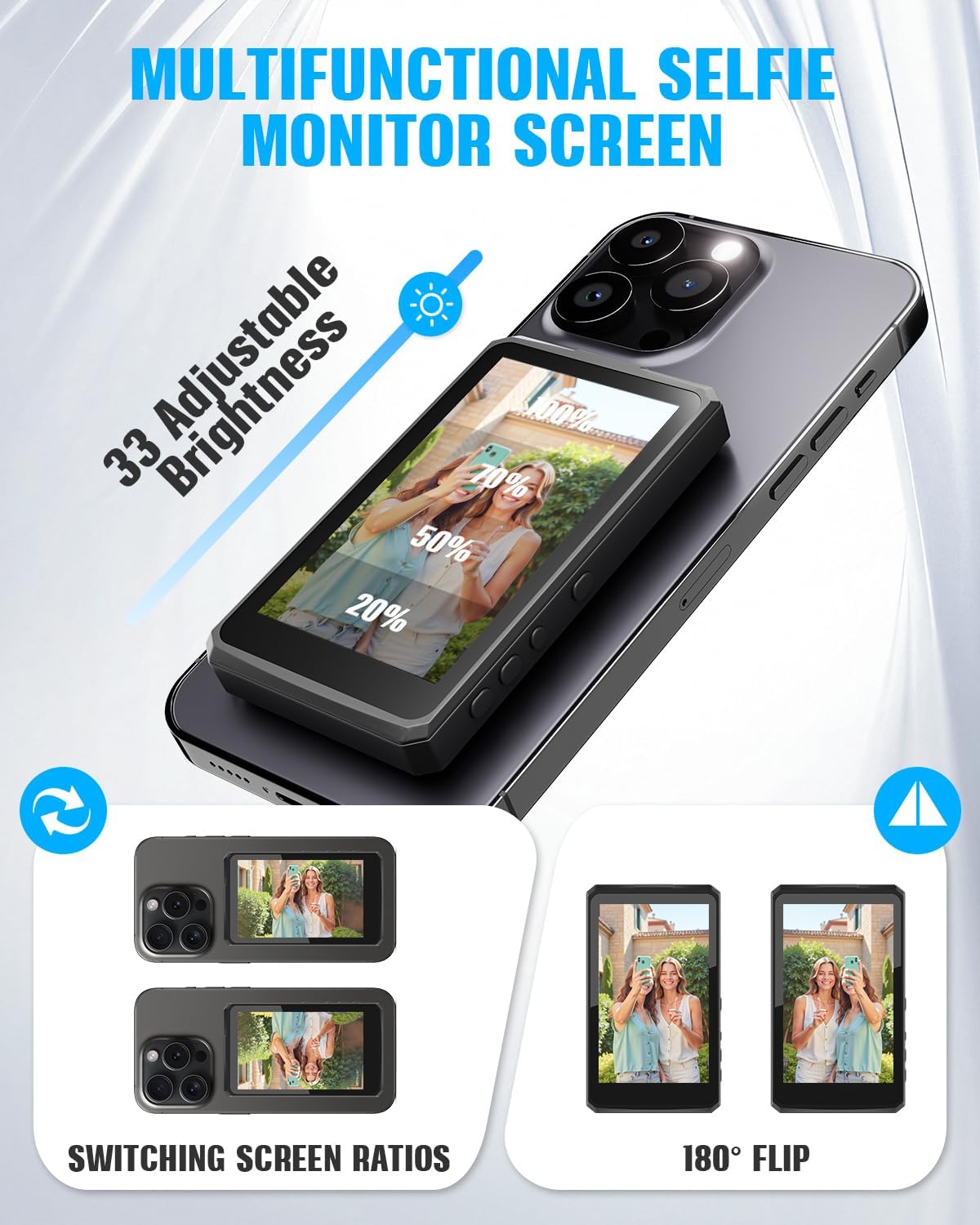 Vlog Selfie Monitor Screen, Magnetic Phone Selfie Screen 4K/1080p 60fps Bluetooth Remote, Back Camera Monitor Built-in Speaker for Vlog Live Stream TikTok (Black)