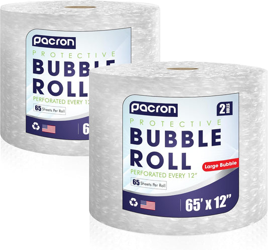 Protective Bubble Roll Wrap - 65FTx12IN Clear, 1/2" Dense Large Bubble Cushioning for Fragile Items, Dish Packing & Packaging Supplies Shipping & Storage - Perforated Every 12IN (2 Pack)