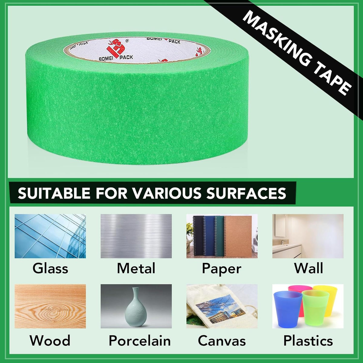 BOMEI PACK 2 Inch Green Painters Tape, 2 Pack Paint Green Masking Tape 2 inch x 55 Yards for Walls Painting, Labeling, DIY Crafting, Decoration and School Projects