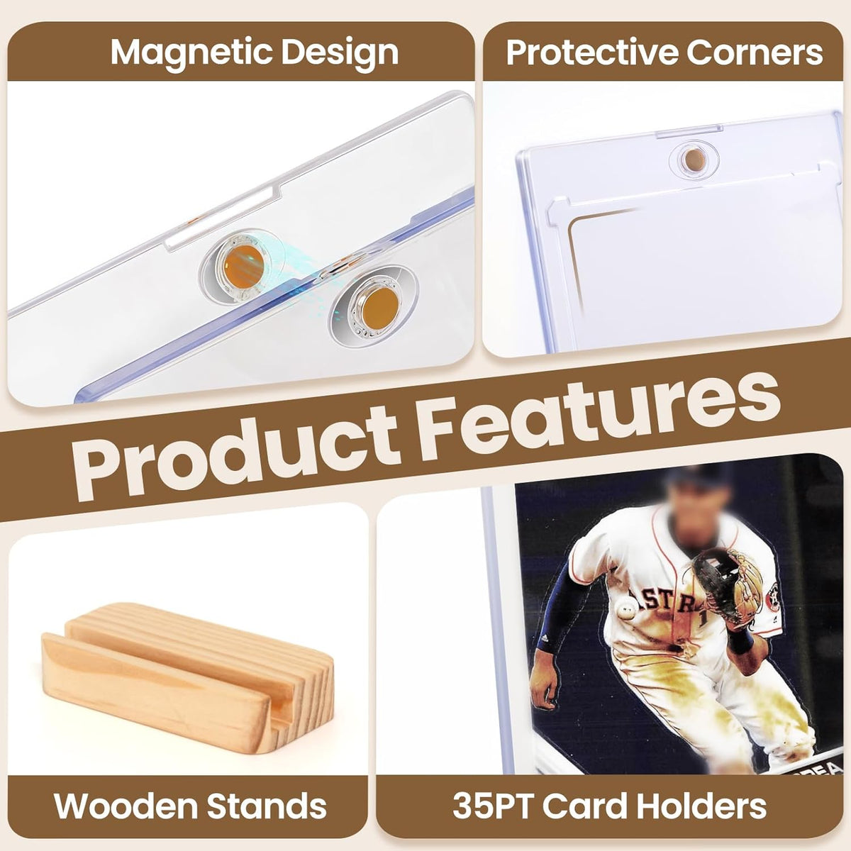 3 Pack Magnetic Card Holders for Trading Cards - 35pt Acrylic Hard Baseball Card Protectors with 3 Wooden Stands, Sports Card Case Base for Baseball, Football, MTG and Game Cards Storage and Display