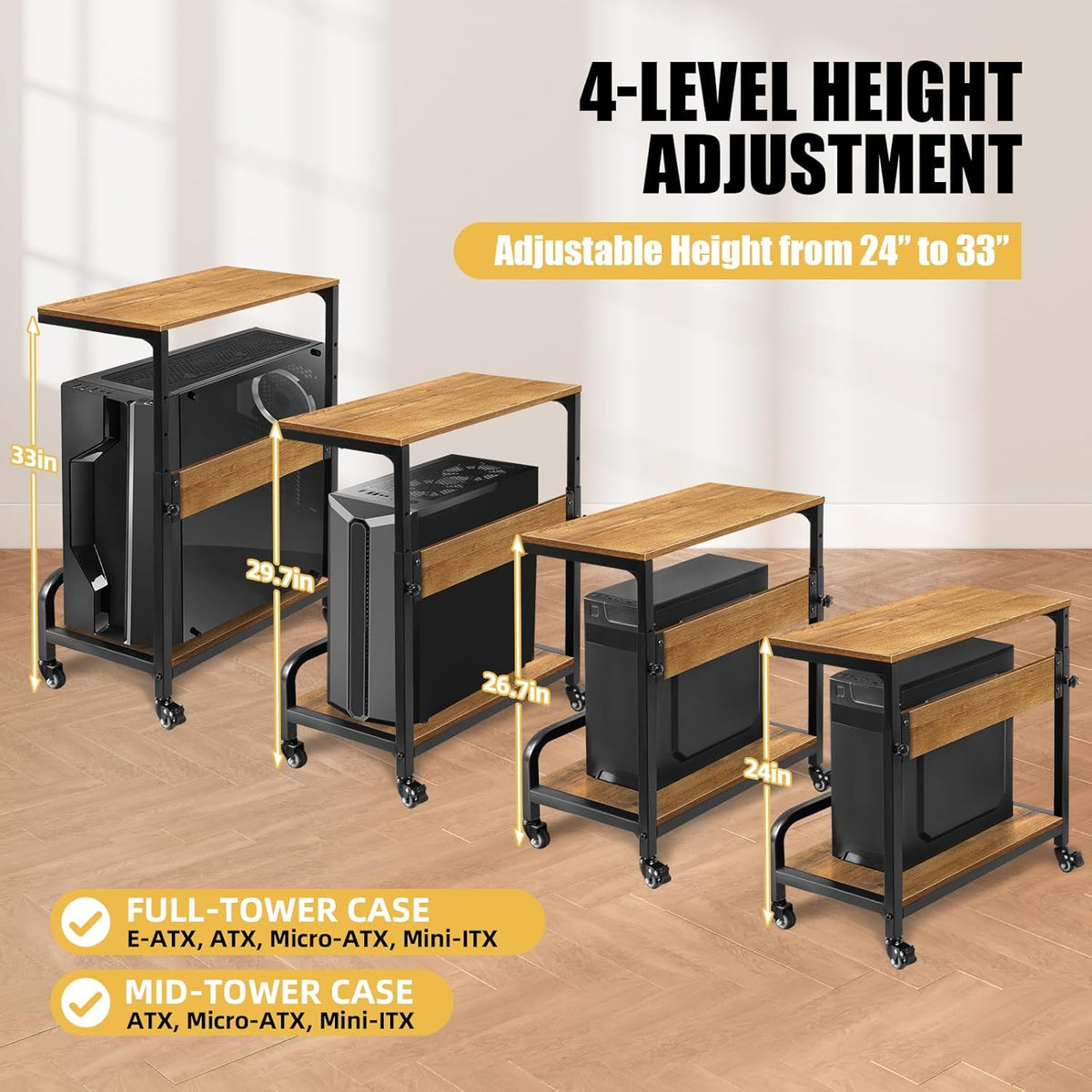 Computer Tower Stand Adjustable 2 Tier for ATX Extra Large CPU Floor Stand PC Tower Stand CPU Holder Cart with Guard Rail Metal Locking Wheels 32.7" X 21.6" X 15.8",Walnut