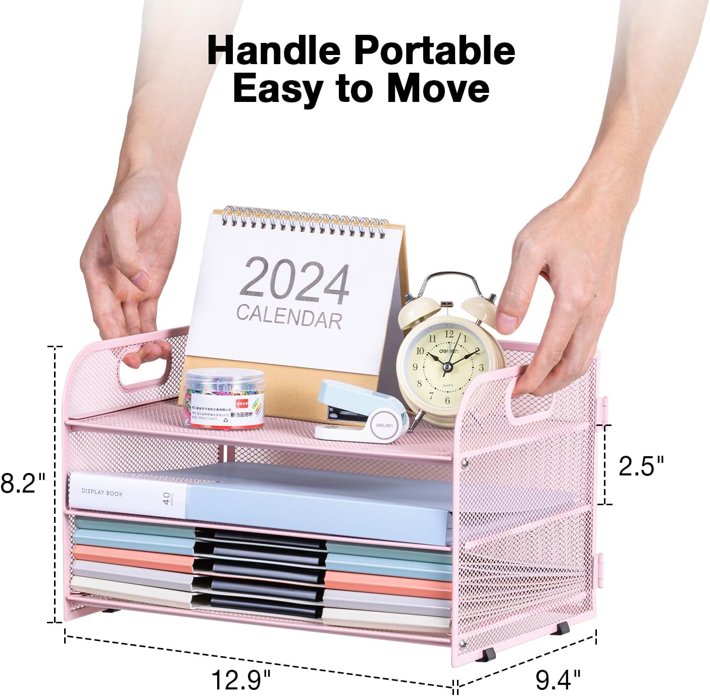 3-Tier Letter Tray Paper Organizer with Handle,Compact Mesh Desk File Organizer for Home Office Supplies Desktop Accessories,Pink