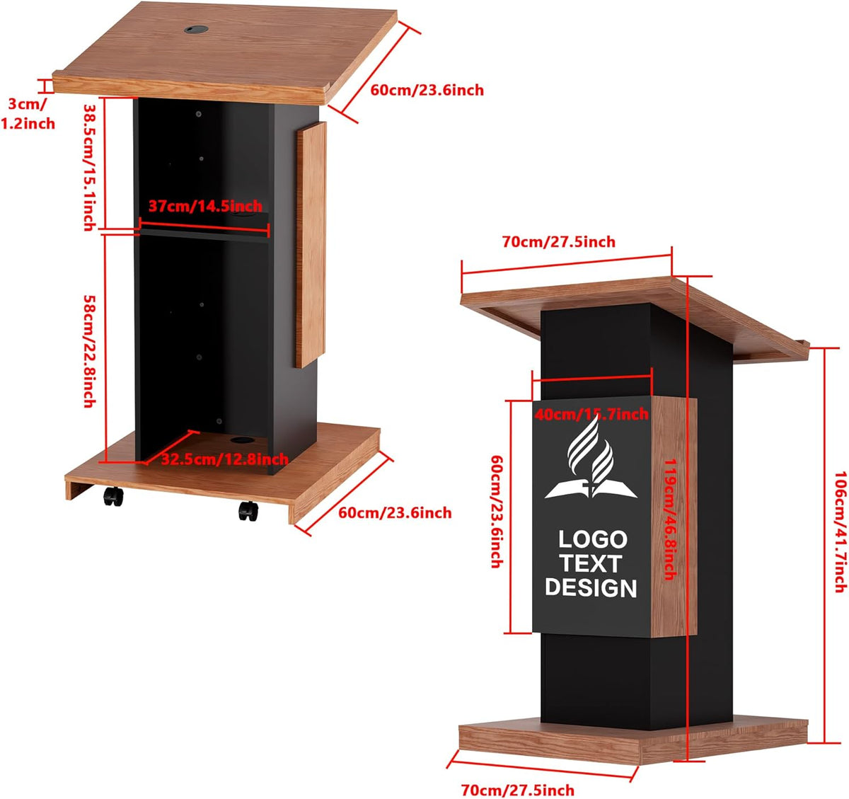Customizable Logo & Text Podium Stand,Wood Lectern with Lockable Wheels,15MM Particle Board,Church Pulpit with Storage, Mic Stand Space,Wooden Podium for Seminars and Schools (Customized B)