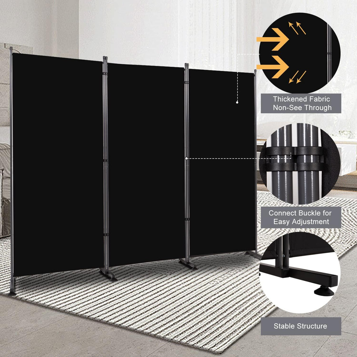 Room Divider 6FT Folding Privacy Screens, Partition Room Dividers w/Freestanding Design, Portable Wall Divider for Room Separtation, Fabric Screen Panel for Home Office Dorm (Black, 3 Panel-Round Pad)