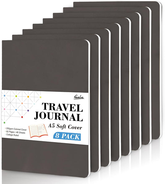 feela 8 Pack Soft Cover Journal Bulk, Notebooks College Ruled for Work, Lined Travel Journal for Women Men, Note Taking Notebook School Supplies Business Writing, 8.2” x 5.5”, A5, Gray