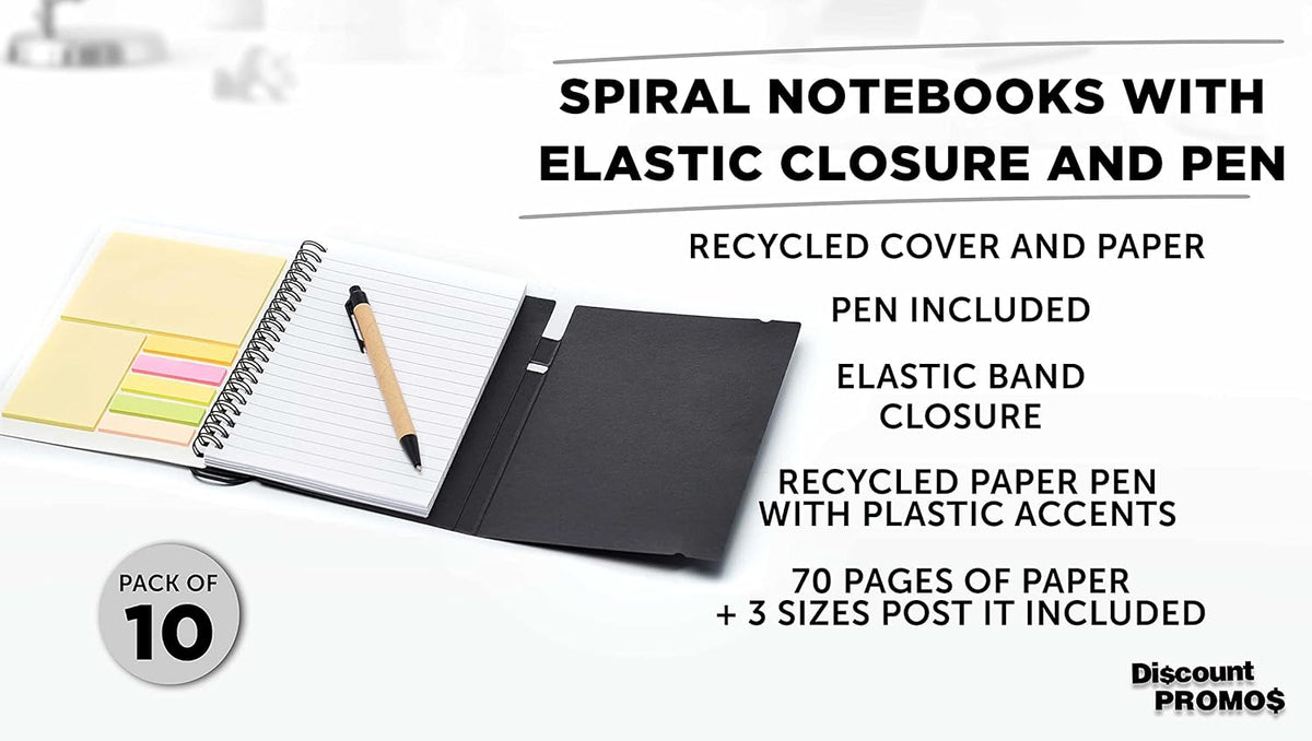 DISCOUNT PROMOS Custom Spiral Notebooks with Elastic Closure Set of 10, Personalized Bulk Pack - Perfect for School, Office, Business and More - Black