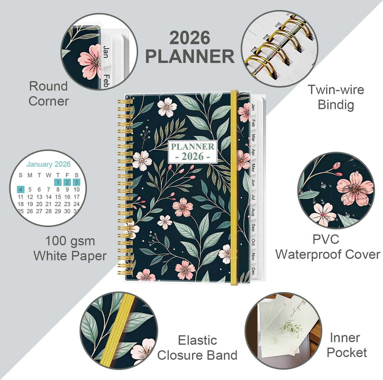 2026 Planner - Planner 2026 from January 2026 - December 2026, Weekly & Monthly Planner Spiral Bound with 12 Monthly Tabs, Inner Pocket, 6.4" x 8.5", Flower-D