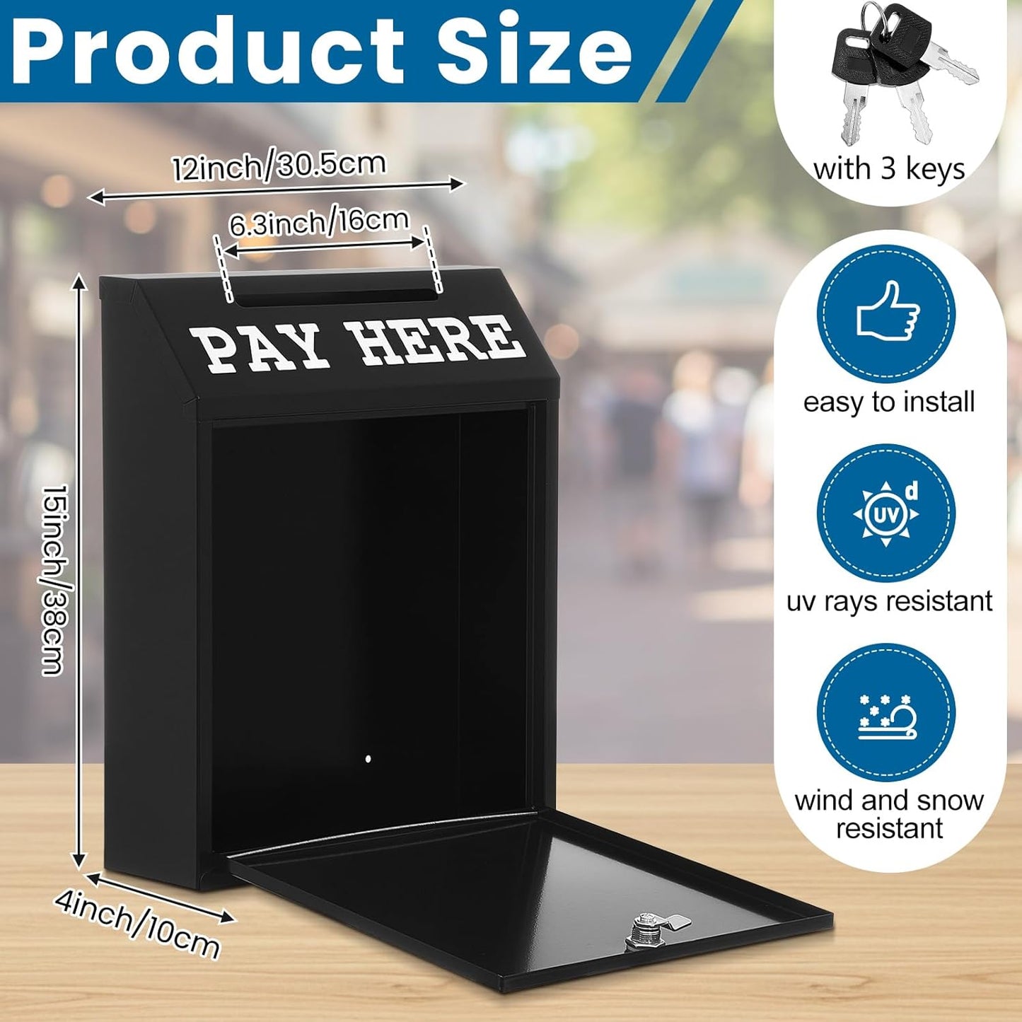 15 x 12 x 4 Inch Safe Cash Box Money Collection Metal Donation Box with Lock Wall Mount Pre Drilled Mailbox Delivery Ballot for Home Office Outdoor Self Serve Stand(Black)
