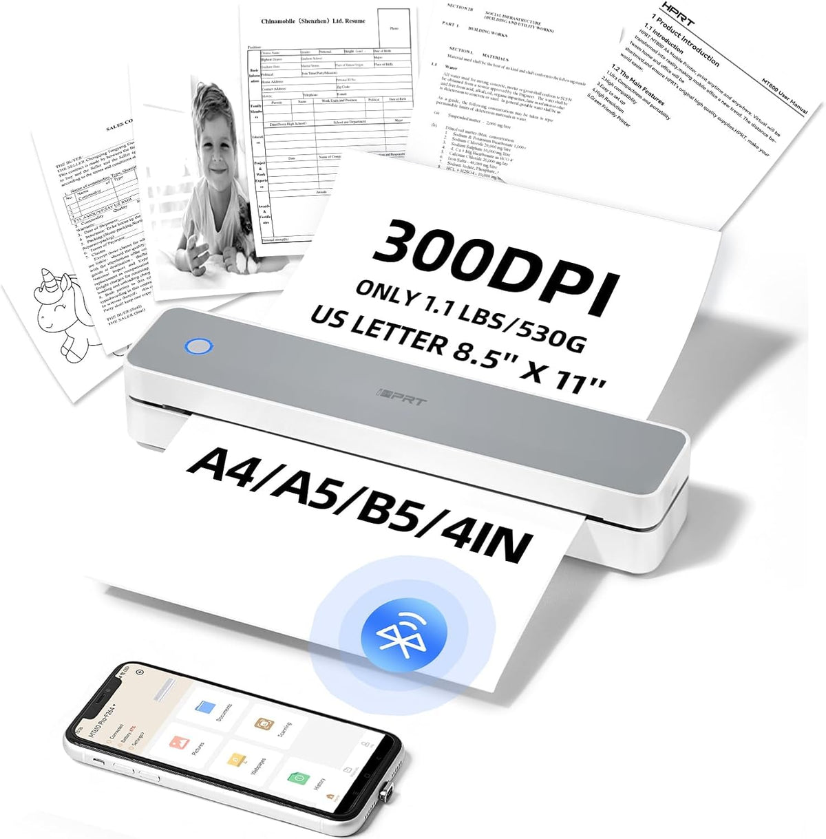 iDPRT Portable-Printer Wireless for Travel, 300DPI Inkless Thermal Small Printers for Home Use, Office, Vehicles, Mobile Bluetooth Printer Supports 8.5" x 11" US Letter, for Smartphone & PC,White