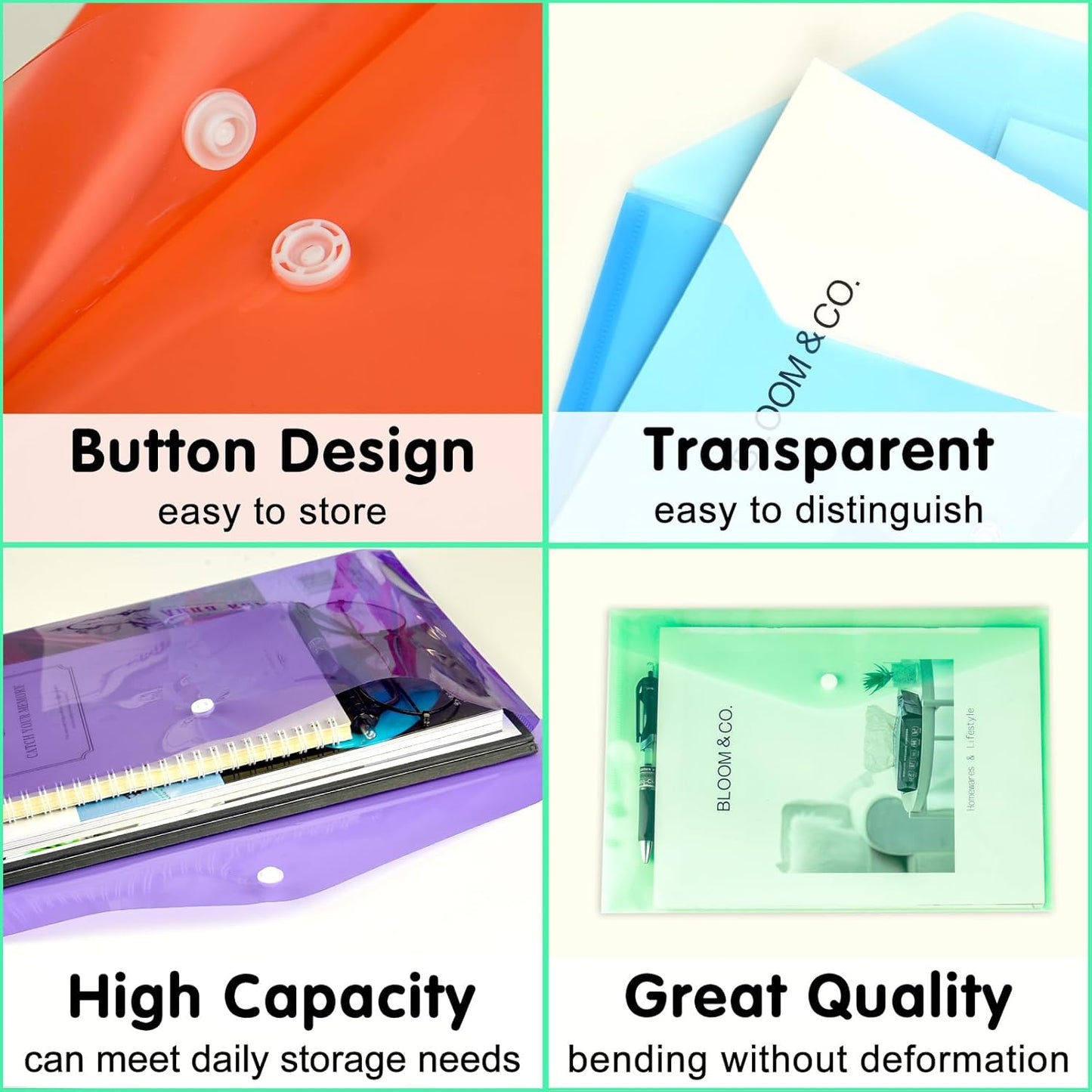 NACHLYNN 48pcs Plastic Envelopes Poly Envelopes with Snap Closure A4 Size Clear Document File Folders Organizers Assorted Color Envelope for School Office Supplies