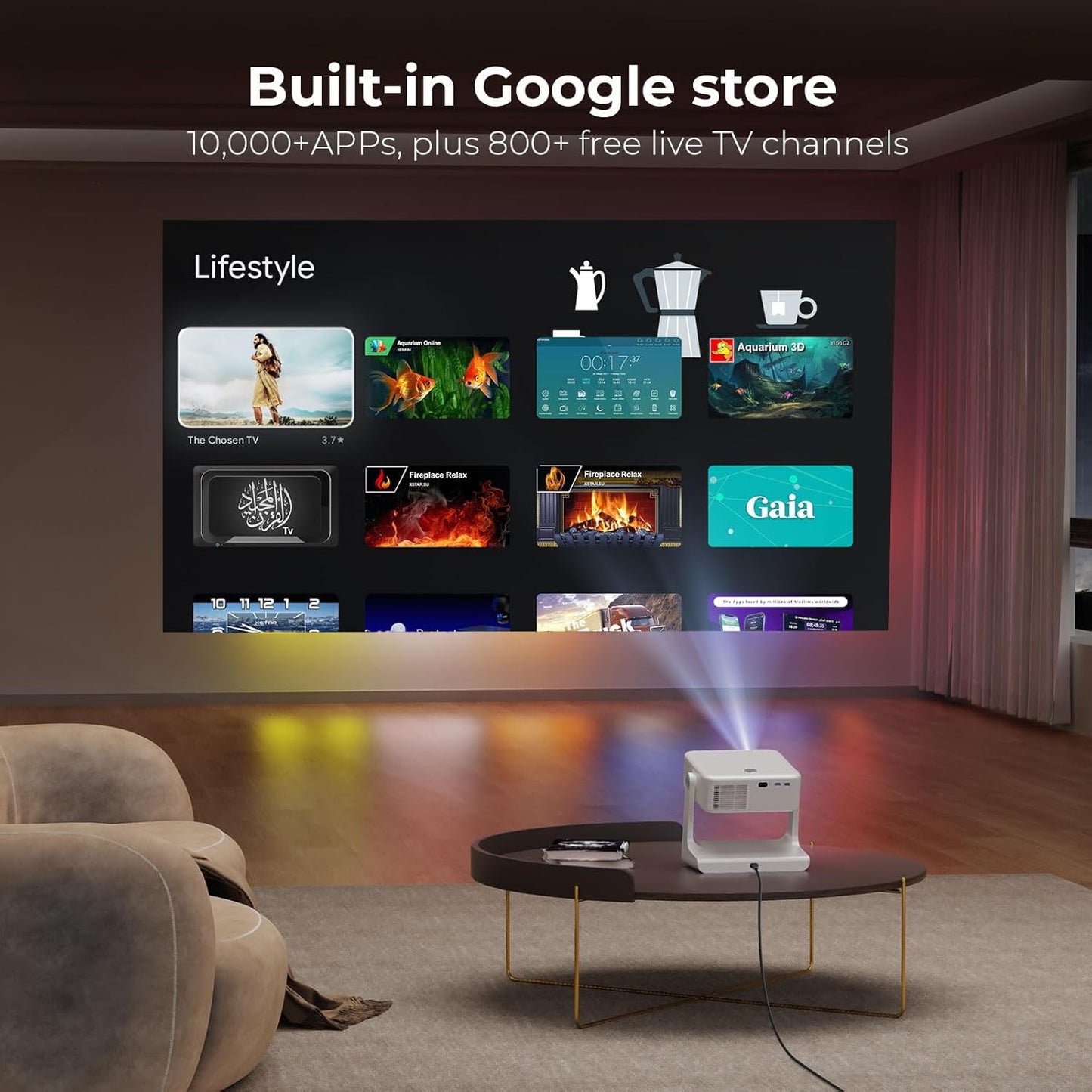 [1500 ANSI/Google Store/Voice Control] 4K Outdoor Smart Projector with WiFi6 and Bluetooth, 10,000+ Apps, Portable Proyector, Sovboi 1080P Audio Phone Movie Home [180° Stand & 300 ''Display]