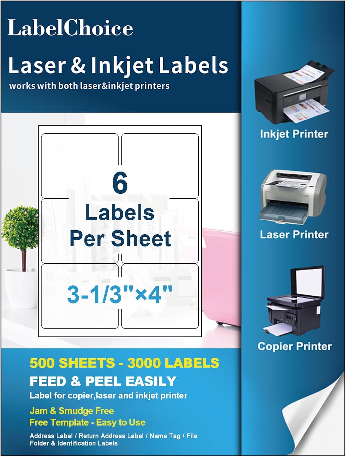 500 Sheets 3000 Pcs 3-1/3 x 4 6 Up Shipping Address Labels for Laser & Inkjet Printers, 3-1/3" x 4" 6 per Sheet Shipping Mailing Stickers, 6 Labels per Page