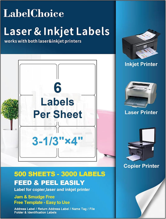 500 Sheets 3000 Pcs 3-1/3 x 4 6 Up Shipping Address Labels for Laser & Inkjet Printers, 3-1/3" x 4" 6 per Sheet Shipping Mailing Stickers, 6 Labels per Page