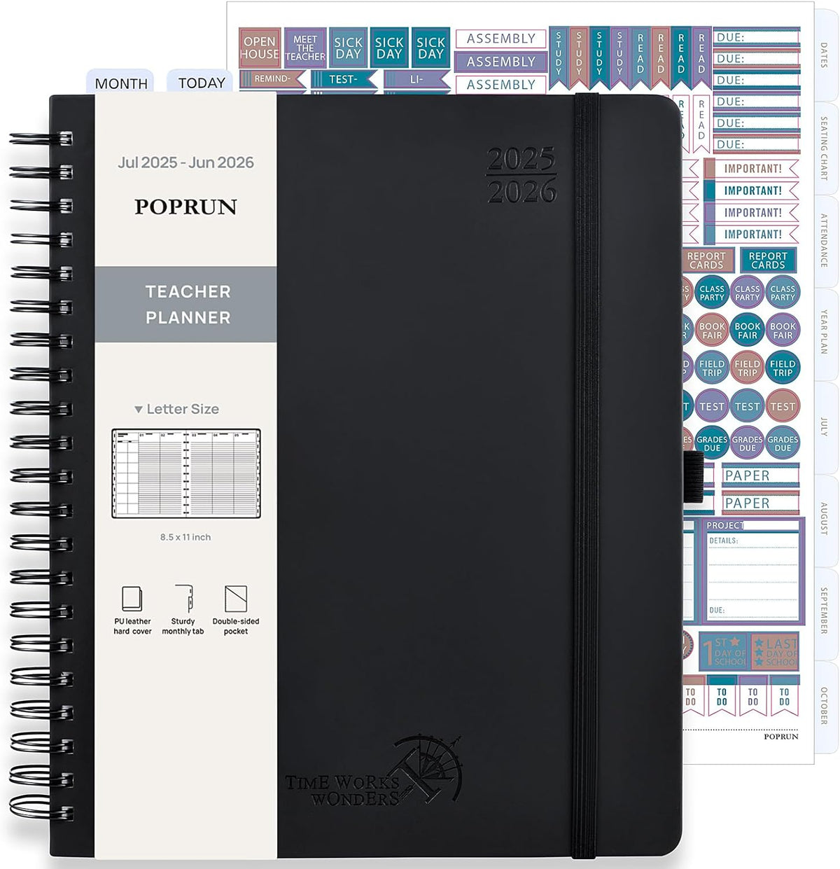 POPRUN Teacher Planner 2025-2026, (Letter Size - 8.5'' x 11'') Academic Lesson Planner (July 2025 - June 2026), with Monthly Tabs, Thick Papers, 2-Sided Pocket, Leather for Teachers, Black