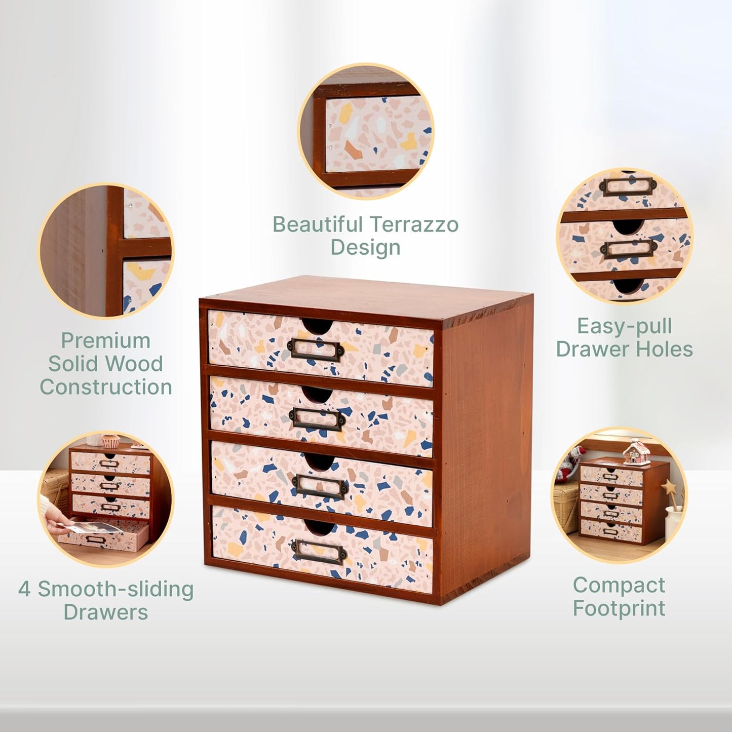 Terrazzo Pattern Wooden Desk Organizer - 4-Drawer Desktop Storage - Modern & Rustic Wood Cabinet for Office Supplies, Craft Tools, & Home Organization - Cute Drawer Unit