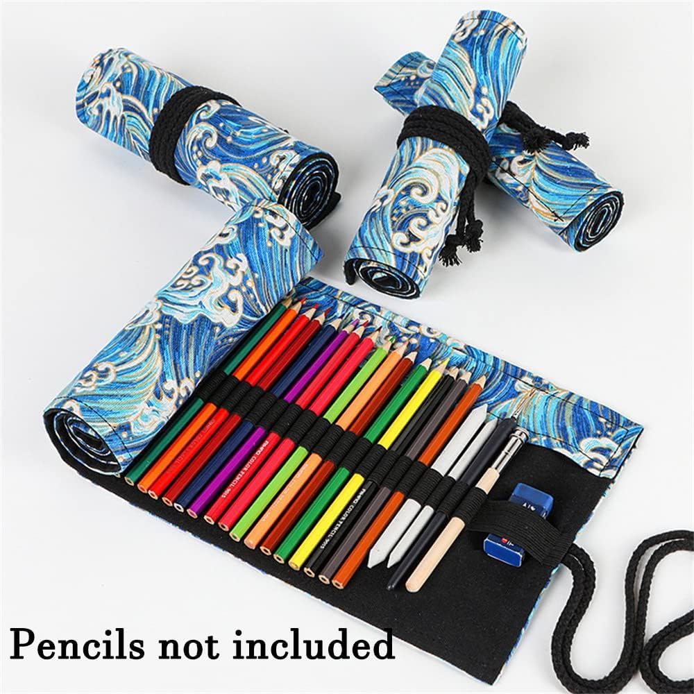 DIYOMR 24/36/72 Slots Pencil Wrap Pencil Rolls, Artist Colored Pencils Roll Up Bag Short Brushes Pouch Case Pencils Organizer for Drawing Coloring and Sketching (Blue Ocean, 72slots)
