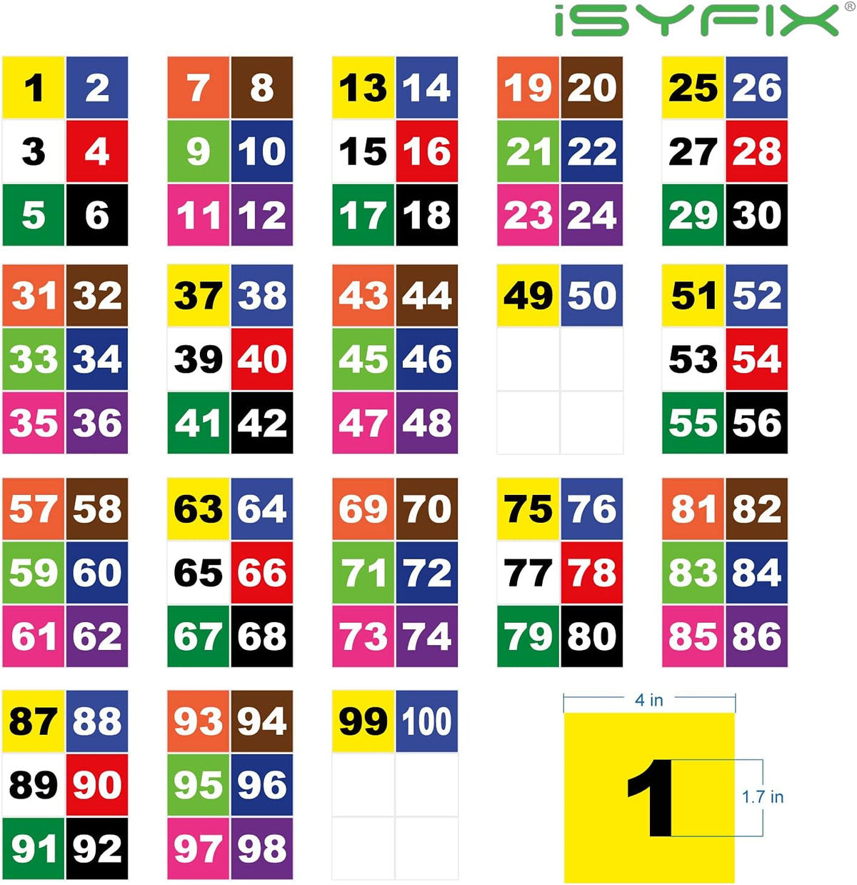 iSYFIX Multicolor Consecutive Number Stickers – 1 to 100, 4-inch, 1 Set – Vinyl Self Adhesive Premium Decal, Ideal for Inventory, Storage, Organizing, Boxes, Toolbox, Lockers & More, Indoor/Outdoor