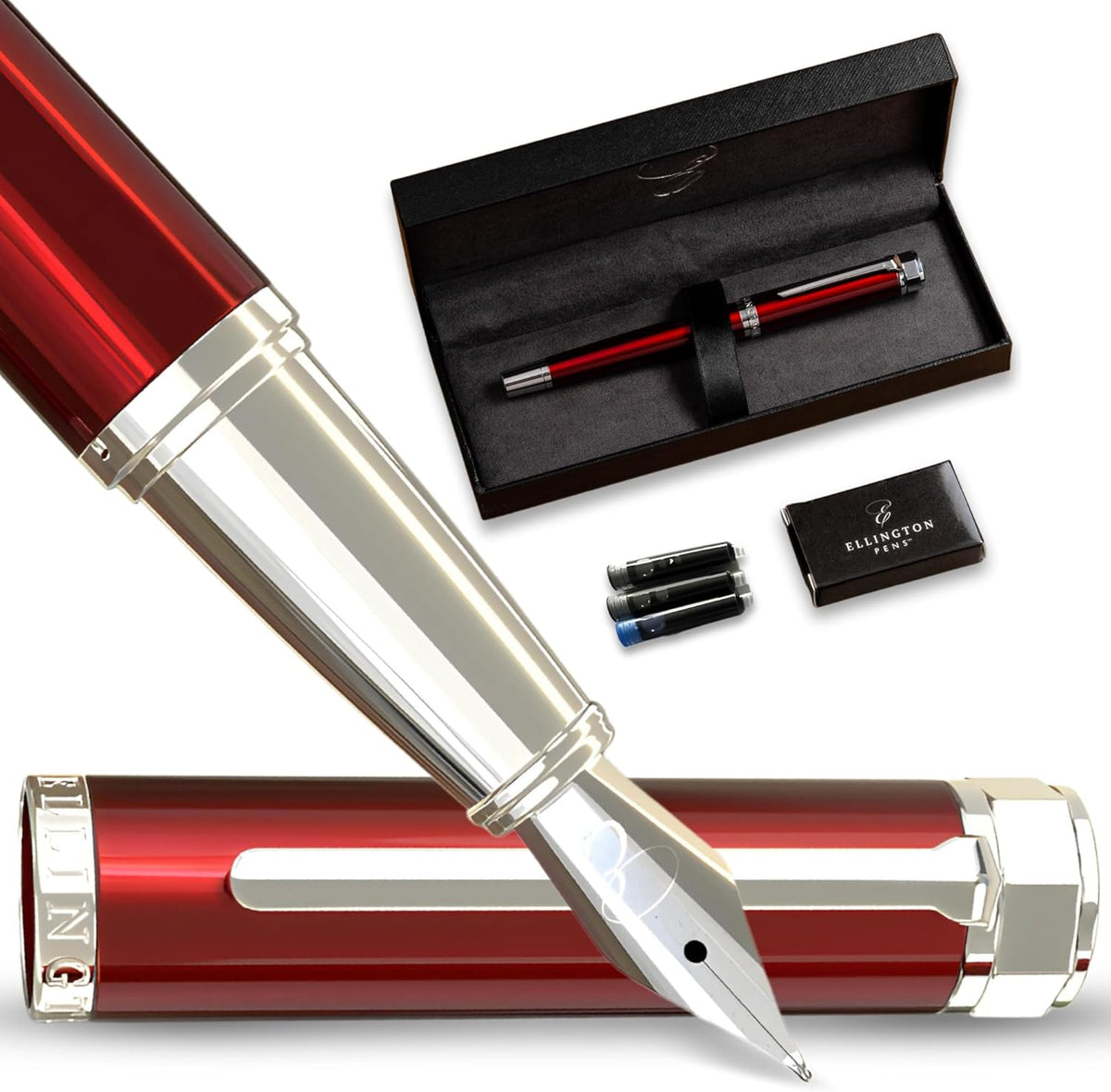 Luxury Fountain Pen Set- Fountain Pens for Writing - Smooth Medium Nib - Includes Refillable Ink Converter, 3 Ink Cartridges [Black & Blue], Gift Box - Elegant Calligraphy
