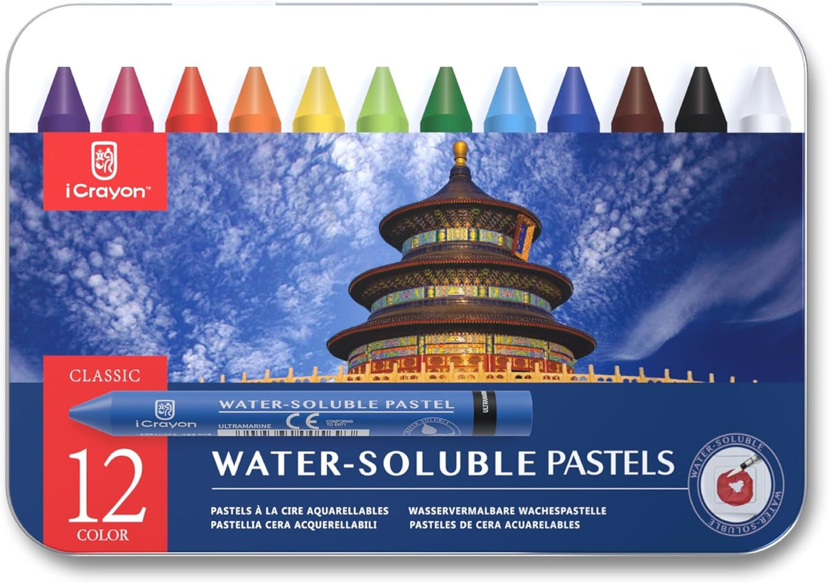 12 Colors Water Soluble Pastels, Watercolor Pastels Set for Beginners and Hobbyists, Includes Sharpener, Palette & Brush for Vibrant Art Creations (Classic)