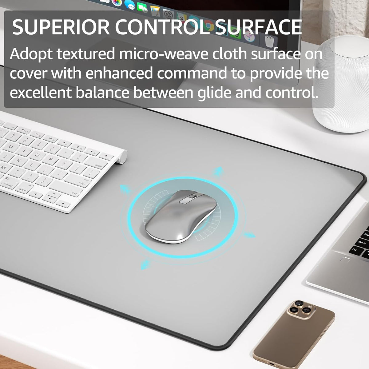 KTRIO Large Gaming Mouse Pad with Stitched Edges, Extended Mousepad with Superior Micro-Weave Cloth, Non-Slip Base, Water Resist Keyboard Pad for Gamer, Office & Home, 31.5x15.7in, Silver Grey