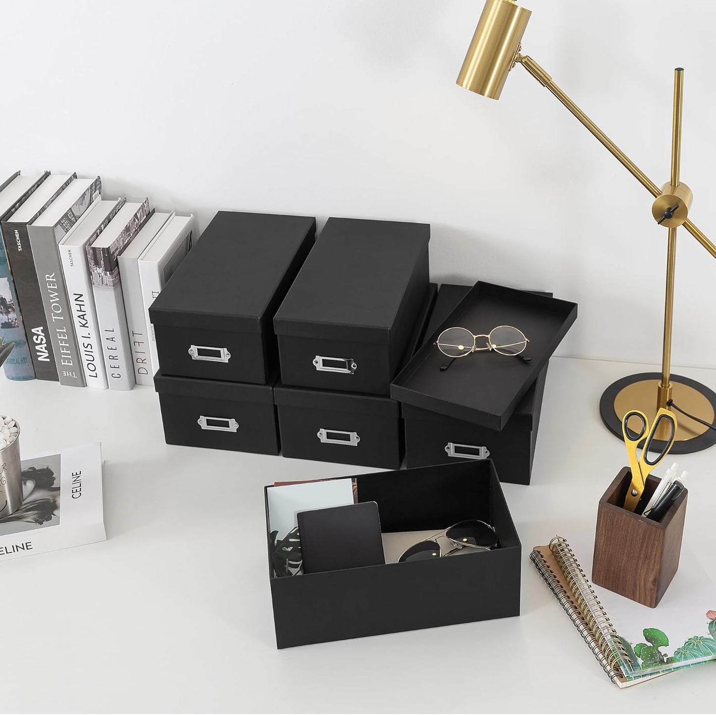 Soul & Lane Black Storage Boxes - Set of 6 (3 Large, 3 Medium), Keepsake Memory Storage Boxes with Lids, Cardboard Organizers with Label Holders for Photos, Crafts, Collectibles