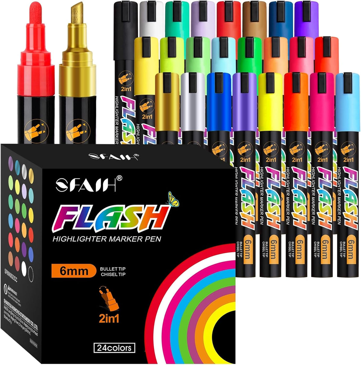 SFAIH 24 Vibrant liquid chalk markers [1s Wet Wipe] - No Residue, 4.5-6mm chalk markers for blackboard, Calendar, Car Window, Glass, Non-Toxic, Zero Dust, With Highlighter Marker