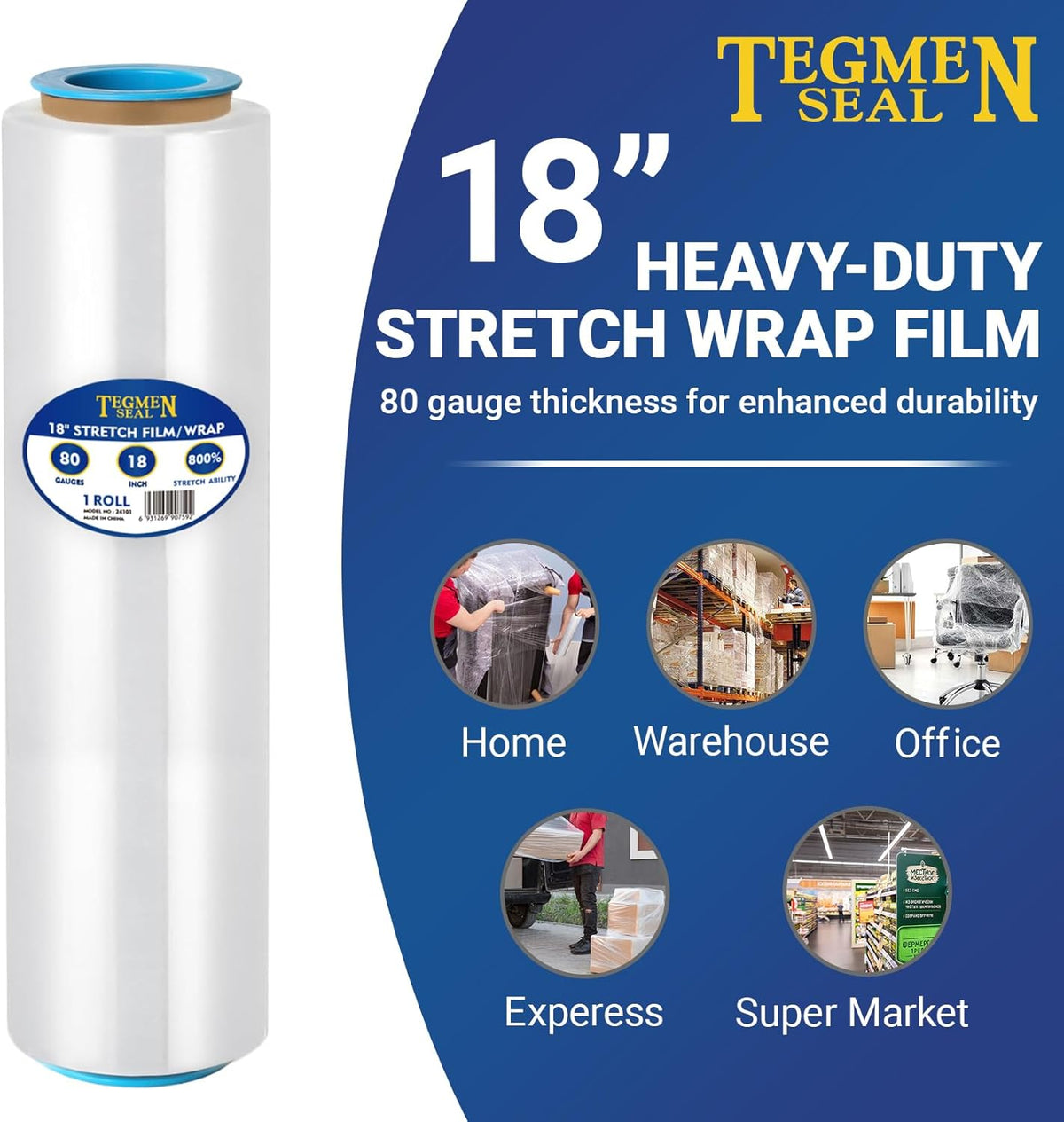 4-Pack 18" Stretch Wrap Rolls - 80 Gauge Industrial Strength Clear Film, 1200ft Length with Plastic Handle Option - Heavy Duty Self-Adhering for Moving, Shipping, Pallet Packing