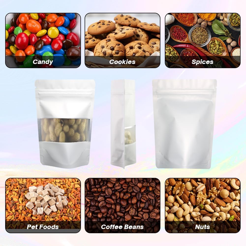 4CP 100 Pcs 3.5x5.0 Inch Zipper Smell Proof Bags with Window, Stand Up Foil Pouches for Food Selfsealing Storage, Reusable Bag for Packaging Small Business, Cookies, Nunt, Candy White