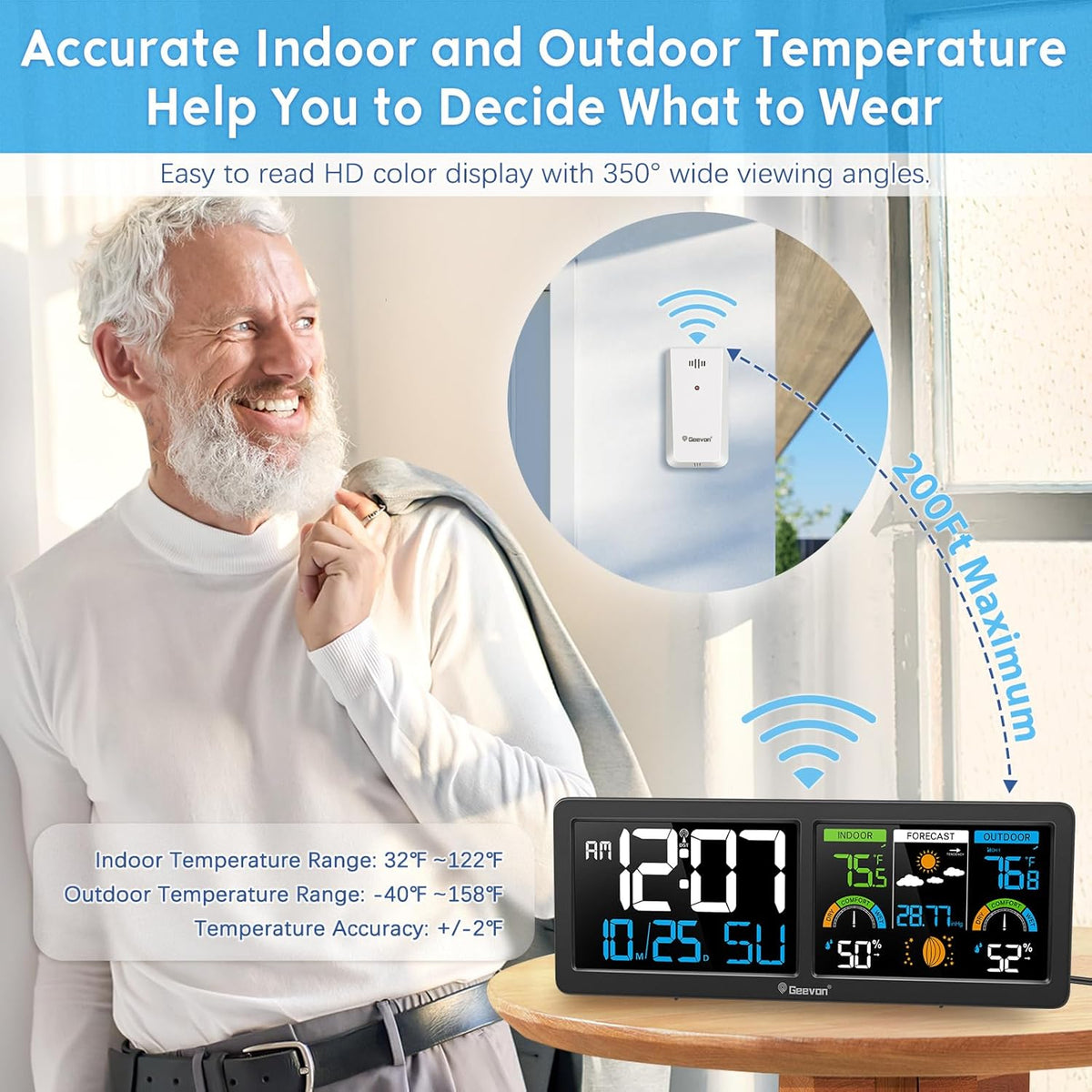 Geevon Weather Stations Wireless Indoor Outdoor Thermometer with Atomic Clock, HD Color Display Digital Temperature Humidity Gauge with Brometer, Comfort Indicator, and Adjustable Backlight