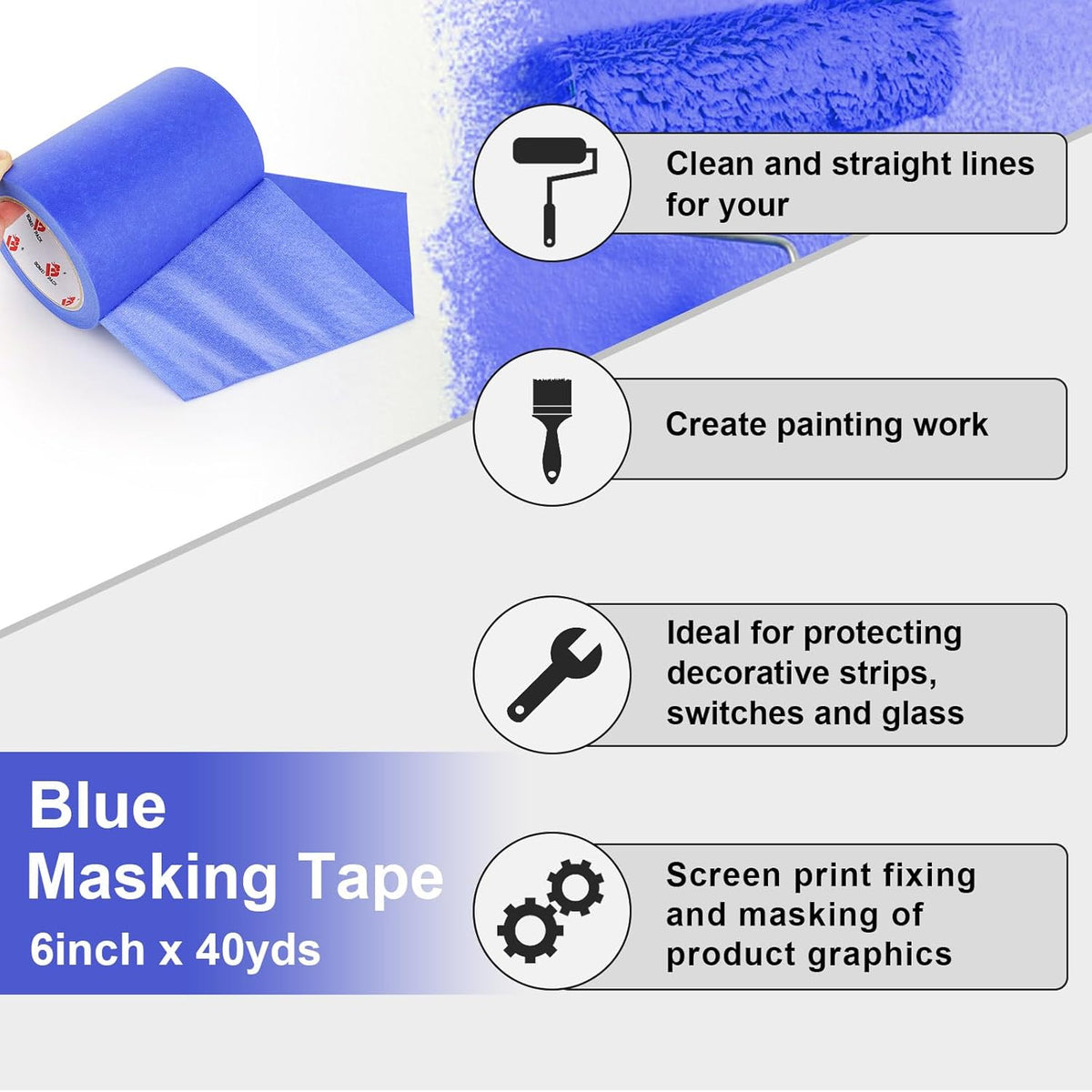 BOMEI PACK Wide Blue Painters Tape 6 Inches x 40 Yards, 3D Printing Tape for Laser Cutting, 21-Day Clean Removal Wide 6'' Masking Tape