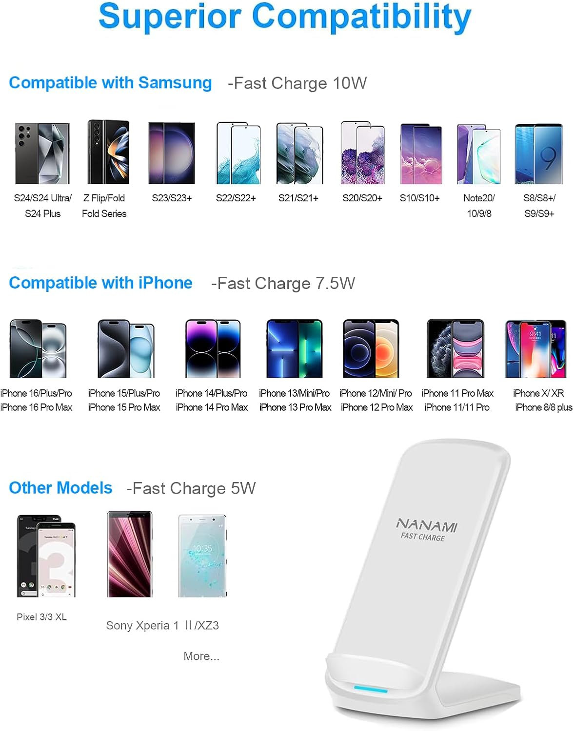 NANAMI Upgraded Fast Wireless Charger, Qi-Certified Wireless Charging Stand for iPhone 16/16 Plus/16 Pro/16 Pro Max/15/14/13/12/12 Pro & Qi Charger for Samsung Galaxy S24/S24 Ultra/S23/S22/S21/S20