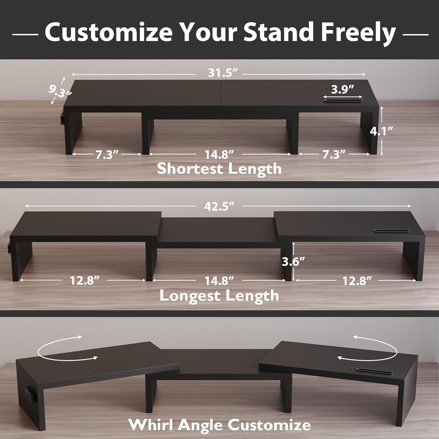 BONTEC Dual Monitor Stand for Desk, Adjustable Length and Angle Monitor Stand Riser with Smartphone Holder, Desk Shelf for Top of Desk, Computer Monitor Stand with Storage, Office Desk Organizer, Black